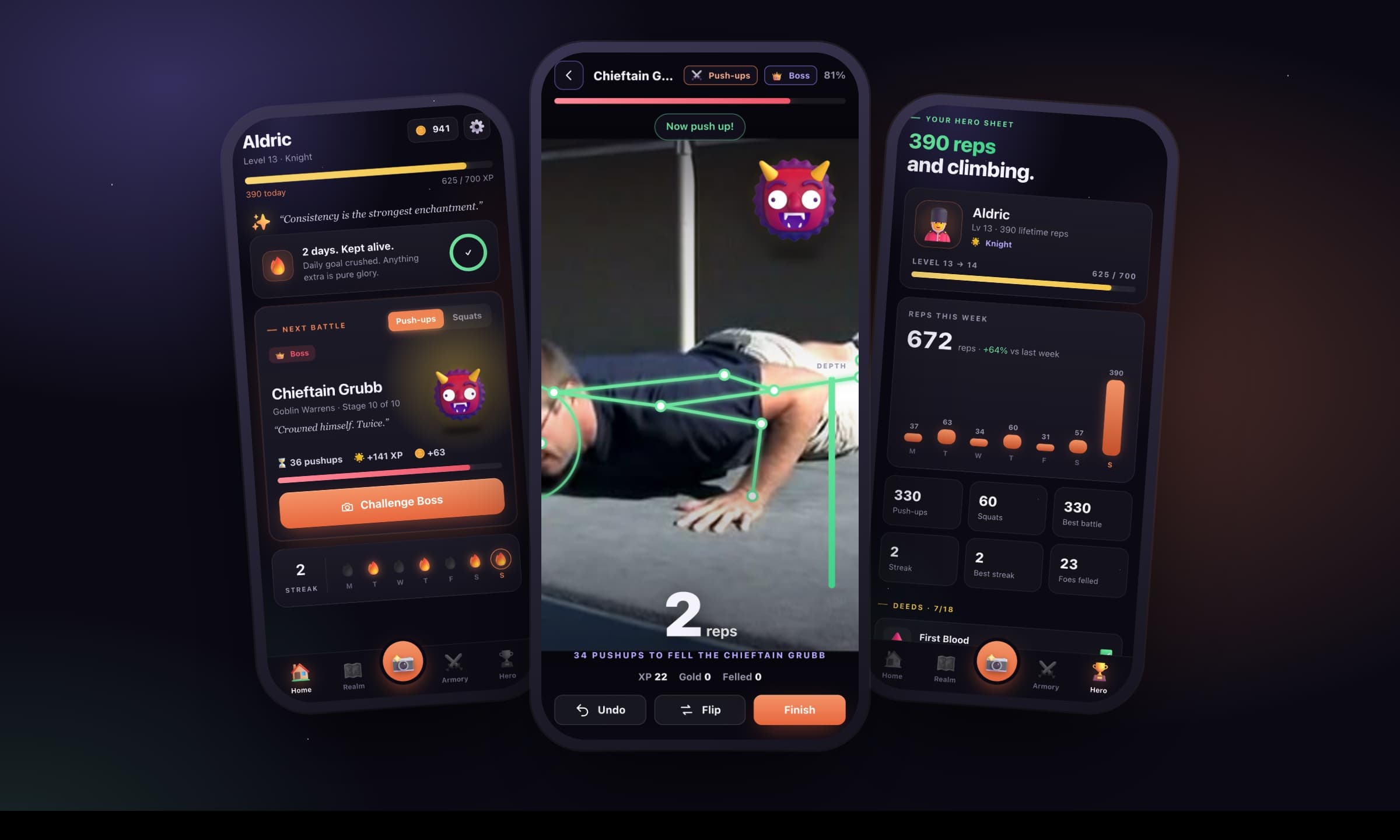 Three phone screens: the home screen with the next boss, a live battle where the pose skeleton turns green at the bottom of a pushup, and the hero sheet with this week's reps.